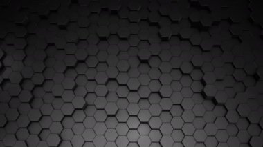 Soyut bir altıgen geometrik siyah yüzey sanal uzayda döngüsel olarak hareket eder. Geometrik şekillerin kaotik titreşimleri. Altıgenlerden oluşan dinamik bir duvar oluşturuluyor