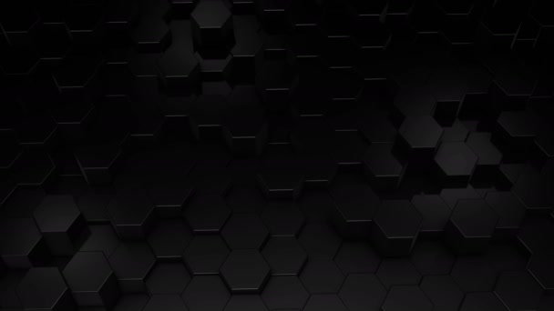 一个抽象的六角几何黑色表面在虚拟空间中循环运动 几何形状的混沌振动 建立一个由六边形墙组成的动态墙 — 图库视频影像