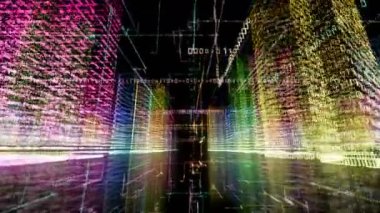 Bilgisayar sisteminin içindeki soyut sanal şehir. Hologram 3D Büyük Veri Dijital Şehri. İkili kod parçacıkları ağı olan dijital binalar. Teknolojik ve bağlantı hareketi geçmişi. Döngülü