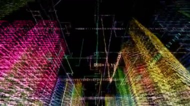 Bilgisayar sisteminin içindeki soyut sanal şehir. Hologram 3D Büyük Veri Dijital Şehri. İkili kod parçacıkları ağı olan dijital binalar. Teknolojik ve bağlantı hareketi geçmişi. Döngülü