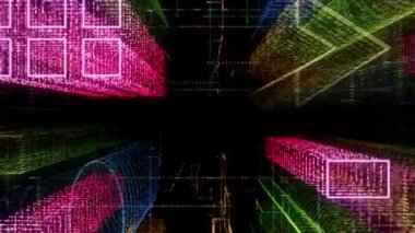 Bilgisayar sisteminin içindeki soyut sanal şehir. Hologram 3D Büyük Veri Dijital Şehri. İkili kod parçacıkları ağı olan dijital binalar. Teknolojik ve bağlantı hareketi geçmişi. Döngülü