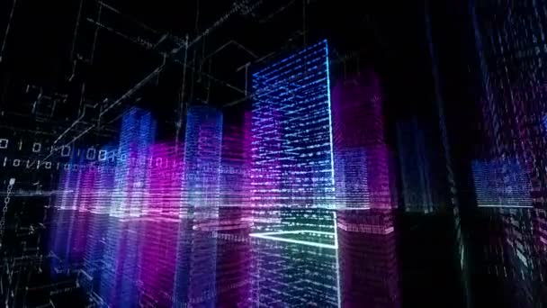 Ville virtuelle abstraite dans un système informatique. Hologramme 3D Big Data Digital City. Bâtiments numériques avec un réseau binaire de particules de code. Contexte de mouvement technologique et de connexion. Bouclée 