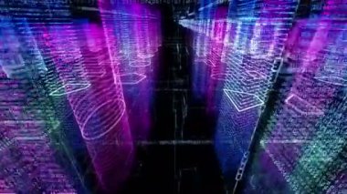 Bilgisayar sisteminin içindeki soyut sanal şehir. Hologram 3D Büyük Veri Dijital Şehri. İkili kod parçacıkları ağı olan dijital binalar. Teknolojik ve bağlantı hareketi geçmişi. Döngülü