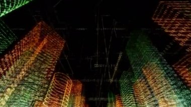 Bilgisayar sisteminin içindeki soyut sanal şehir. Hologram 3D Büyük Veri Dijital Şehri. İkili kod parçacıkları ağı olan dijital binalar. Teknolojik ve bağlantı hareketi geçmişi. Döngülü