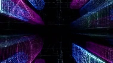 Bilgisayar sisteminin içindeki soyut sanal şehir. Hologram 3D Büyük Veri Dijital Şehri. İkili kod parçacıkları ağı olan dijital binalar. Teknolojik ve bağlantı hareketi geçmişi. Döngülü