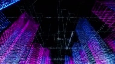 Bilgisayar sisteminin içindeki soyut sanal şehir. Hologram 3D Büyük Veri Dijital Şehri. İkili kod parçacıkları ağı olan dijital binalar. Teknolojik ve bağlantı hareketi geçmişi. Döngülü