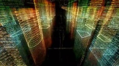 Bilgisayar sisteminin içindeki soyut sanal şehir. Hologram 3D Büyük Veri Dijital Şehri. İkili kod parçacıkları ağı olan dijital binalar. Teknolojik ve bağlantı hareketi geçmişi. Döngülü