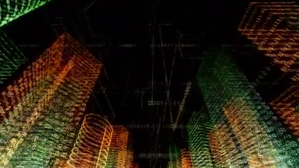 在计算机系统中抽象虚拟城市 全息3D大数据数字城市 具有二进制代码粒子网络的数字建筑 技术和连接运动背景 — 图库视频影像