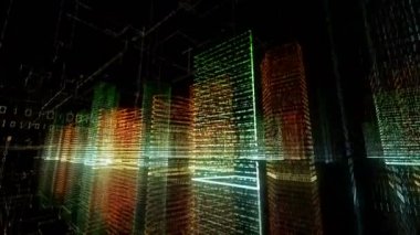 Bilgisayar sisteminin içindeki soyut sanal şehir. Hologram 3D Büyük Veri Dijital Şehri. İkili kod parçacıkları ağı olan dijital binalar. Teknolojik ve bağlantı hareketi geçmişi. Döngülü