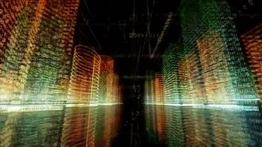 Bilgisayar sisteminin içindeki soyut sanal şehir. Hologram 3D Büyük Veri Dijital Şehri. İkili kod parçacıkları ağı olan dijital binalar. Teknolojik ve bağlantı hareketi geçmişi. Döngülü