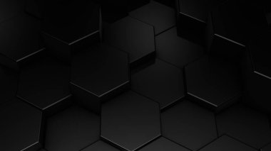 Sanal uzayda soyut altıgen siyah yüzeylerin üç boyutlu canlandırması. Rastgele yerleştirilmiş geometrik şekiller. Altıgenlerden oluşan polihedral duvar
