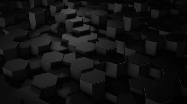 Sanal uzayda soyut altıgen siyah yüzeylerin üç boyutlu canlandırması. Rastgele yerleştirilmiş geometrik şekiller. Altıgenlerden oluşan polihedral duvar