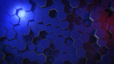 Sanal uzayda soyut altıgen geometrik yüzeylerin 3 boyutlu canlandırması. Rastgele yerleştirilmiş geometrik şekiller. Altıgenlerden oluşan polihedral duvar