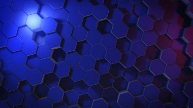 Sanal uzayda soyut altıgen geometrik yüzeylerin 3 boyutlu canlandırması. Rastgele yerleştirilmiş geometrik şekiller. Altıgenlerden oluşan polihedral duvar