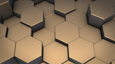 Sanal uzayda soyut altıgen geometrik yüzeylerin 3 boyutlu canlandırması. Rastgele yerleştirilmiş geometrik şekiller. Altıgenlerden oluşan polihedral duvar