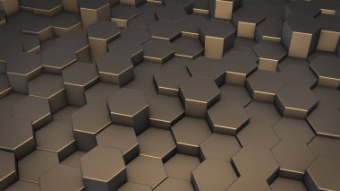 Sanal uzayda soyut altıgen geometrik yüzeylerin 3 boyutlu canlandırması. Rastgele yerleştirilmiş geometrik şekiller. Altıgenlerden oluşan polihedral duvar