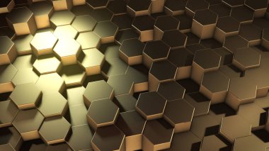 Sanal uzayda soyut altıgen geometrik altın yüzeylerin 3 boyutlu yorumlanması. Rastgele yerleştirilmiş geometrik şekiller. Altıgenlerden oluşan polihedral duvar