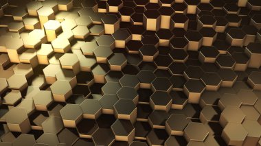 Sanal uzayda soyut altıgen geometrik altın yüzeylerin 3 boyutlu yorumlanması. Rastgele yerleştirilmiş geometrik şekiller. Altıgenlerden oluşan polihedral duvar