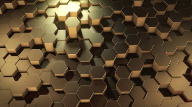 Sanal uzayda soyut altıgen geometrik altın yüzeylerin 3 boyutlu yorumlanması. Rastgele yerleştirilmiş geometrik şekiller. Altıgenlerden oluşan polihedral duvar