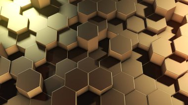 Sanal uzayda soyut altıgen geometrik altın yüzeylerin 3 boyutlu yorumlanması. Rastgele yerleştirilmiş geometrik şekiller. Altıgenlerden oluşan polihedral duvar