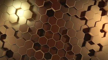 Sanal uzayda soyut altıgen geometrik altın yüzeylerin 3 boyutlu yorumlanması. Rastgele yerleştirilmiş geometrik şekiller. Altıgenlerden oluşan polihedral duvar