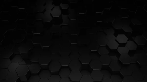 Рендеринг Абстрактных Шестиугольных Геометрических Чёрных Поверхностей Виртуальном Пространстве Случайно Расположенные — стоковое фото