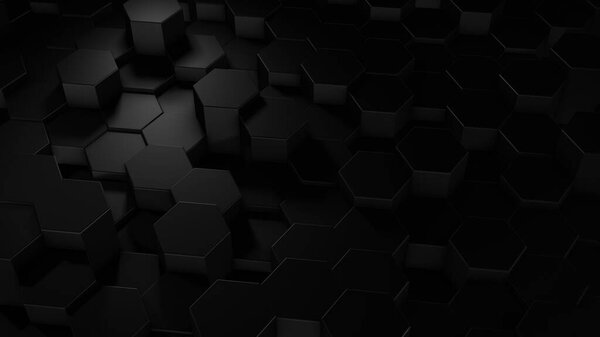3D rendering of abstract hexagonal geometric black surfaces in virtual space. Randomly placed geometric shapes. Polyhedral wall of hexagons