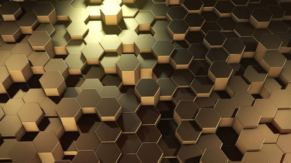 3D rendering of abstract hexagonal geometric golden surfaces in virtual space. Randomly placed geometric shapes. Polyhedral wall of hexagons
