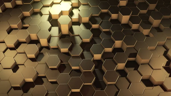 Sanal uzayda soyut altıgen geometrik altın yüzeylerin 3 boyutlu yorumlanması. Rastgele yerleştirilmiş geometrik şekiller. Altıgenlerden oluşan polihedral duvar