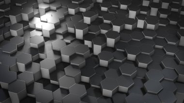 Sanal uzayda soyut altıgen geometrik metalik yüzeylerin üç boyutlu yorumlanması. Rastgele yerleştirilmiş geometrik şekiller. Altıgenlerden oluşan polihedral duvar