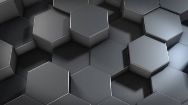 Sanal uzayda soyut altıgen geometrik metalik yüzeylerin üç boyutlu yorumlanması. Rastgele yerleştirilmiş geometrik şekiller. Altıgenlerden oluşan polihedral duvar