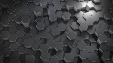 Sanal uzayda soyut altıgen geometrik metalik yüzeylerin üç boyutlu yorumlanması. Rastgele yerleştirilmiş geometrik şekiller. Altıgenlerden oluşan polihedral duvar