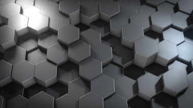 Sanal uzayda soyut altıgen geometrik metalik yüzeylerin üç boyutlu yorumlanması. Rastgele yerleştirilmiş geometrik şekiller. Altıgenlerden oluşan polihedral duvar