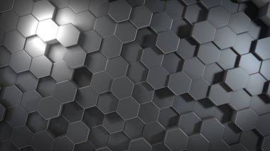 Sanal uzayda soyut altıgen geometrik metalik yüzeylerin üç boyutlu yorumlanması. Rastgele yerleştirilmiş geometrik şekiller. Altıgenlerden oluşan polihedral duvar