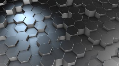 Sanal uzayda üç boyutlu soyut altıgen geometrik alüminyum yüzeyler. Rastgele yerleştirilmiş geometrik şekiller. Altıgenlerden oluşan polihedral duvar