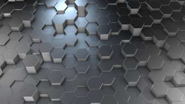 Sanal uzayda üç boyutlu soyut altıgen geometrik alüminyum yüzeyler. Rastgele yerleştirilmiş geometrik şekiller. Altıgenlerden oluşan polihedral duvar