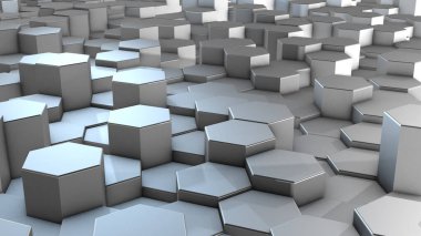 Sanal uzayda üç boyutlu soyut altıgen geometrik alüminyum yüzeyler. Rastgele yerleştirilmiş geometrik şekiller. Altıgenlerden oluşan polihedral duvar