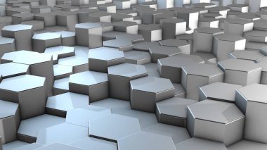 Sanal uzayda üç boyutlu soyut altıgen geometrik alüminyum yüzeyler. Rastgele yerleştirilmiş geometrik şekiller. Altıgenlerden oluşan polihedral duvar