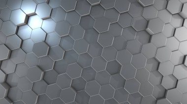 Sanal uzayda üç boyutlu soyut altıgen geometrik alüminyum yüzeyler. Rastgele yerleştirilmiş geometrik şekiller. Altıgenlerden oluşan polihedral duvar