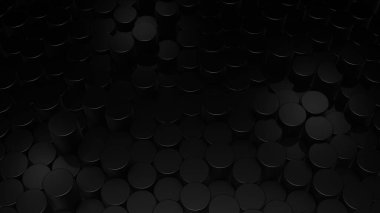 Sanal uzayda soyut silindirik siyah yüzeylerin üç boyutlu canlandırması. Rastgele yerleştirilmiş geometrik şekiller. Silindirlerden yapılmış parlak ve güzel bir arkaplan