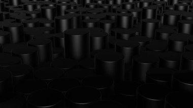 Sanal uzayda soyut silindirik siyah yüzeylerin üç boyutlu canlandırması. Rastgele yerleştirilmiş geometrik şekiller. Silindirlerden yapılmış parlak ve güzel bir arkaplan