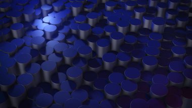 Sanal uzayda soyut silindirik geometrik yüzeylerin üç boyutlu canlandırması. Rastgele yerleştirilmiş geometrik şekiller. Silindirlerden yapılmış parlak ve güzel bir arkaplan