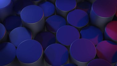 Sanal uzayda soyut silindirik geometrik yüzeylerin üç boyutlu canlandırması. Rastgele yerleştirilmiş geometrik şekiller. Silindirlerden yapılmış parlak ve güzel bir arkaplan