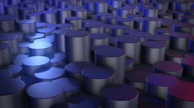 Sanal uzayda soyut silindirik geometrik yüzeylerin üç boyutlu canlandırması. Rastgele yerleştirilmiş geometrik şekiller. Silindirlerden yapılmış parlak ve güzel bir arkaplan