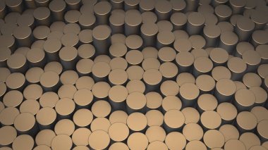 Sanal uzayda soyut silindirik geometrik yüzeylerin üç boyutlu canlandırması. Rastgele yerleştirilmiş geometrik şekiller. Silindirlerden yapılmış parlak ve güzel bir arkaplan