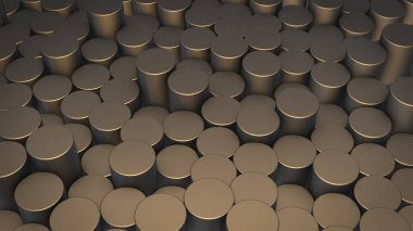 Sanal uzayda soyut silindirik geometrik yüzeylerin üç boyutlu canlandırması. Rastgele yerleştirilmiş geometrik şekiller. Silindirlerden yapılmış parlak ve güzel bir arkaplan