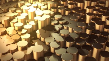 Sanal uzayda soyut silindirik geometrik altın yüzeylerin 3 boyutlu canlandırması. Rastgele yerleştirilmiş geometrik şekiller. Silindirlerden yapılmış parlak ve güzel bir arkaplan