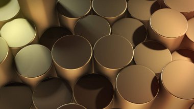 Sanal uzayda soyut silindirik geometrik altın yüzeylerin 3 boyutlu canlandırması. Rastgele yerleştirilmiş geometrik şekiller. Silindirlerden yapılmış parlak ve güzel bir arkaplan