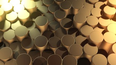 Sanal uzayda soyut silindirik geometrik altın yüzeylerin 3 boyutlu canlandırması. Rastgele yerleştirilmiş geometrik şekiller. Silindirlerden yapılmış parlak ve güzel bir arkaplan