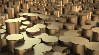 Sanal uzayda soyut silindirik geometrik altın yüzeylerin 3 boyutlu canlandırması. Rastgele yerleştirilmiş geometrik şekiller. Silindirlerden yapılmış parlak ve güzel bir arkaplan